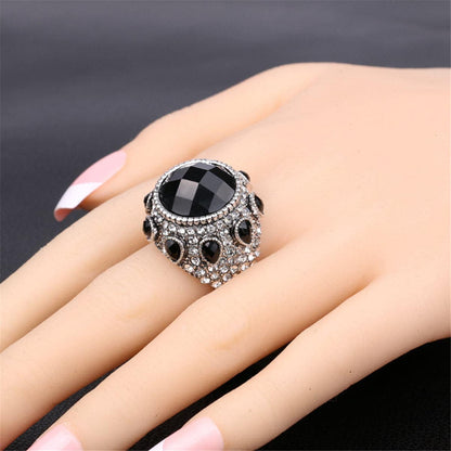 Black Crystal & Cubic Zirconia Silvertone Pear Ring