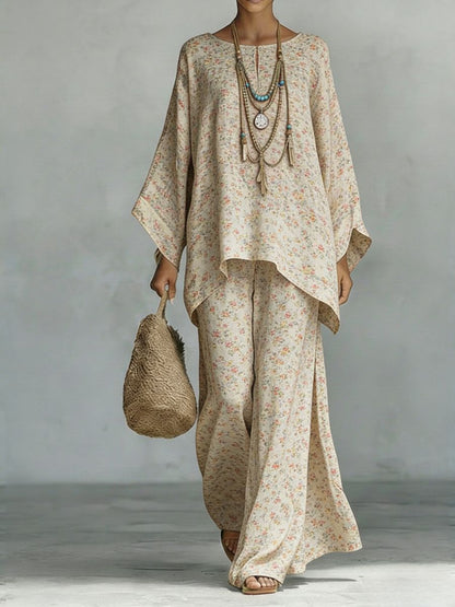 Floral Print Bamboo Linen Two-Piece Set | Wide-Leg Pants