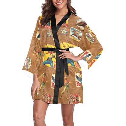 Baha Ranch Vintage Cowgirl Collage Kimono Satin Robe