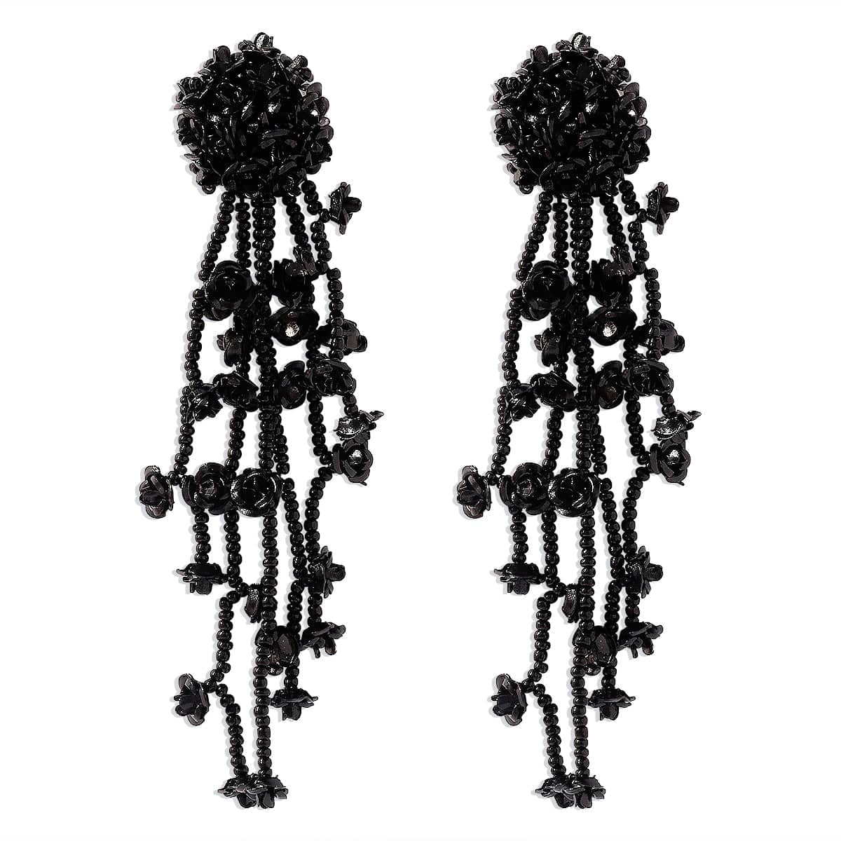 Black Acrylic & Silvertone Flower Tassel Drop Earrings