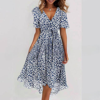 Floral Print A-Line Dress – V-Neck Short Sleeve Midi Dress