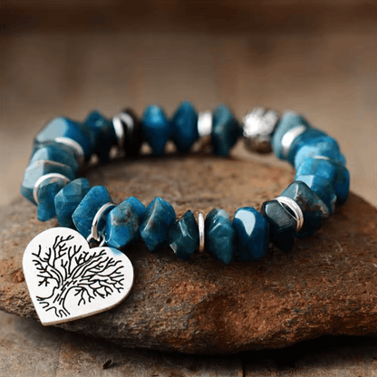 Blue Apatite Beaded Bracelet With Tree-Of-Life Heart Charm