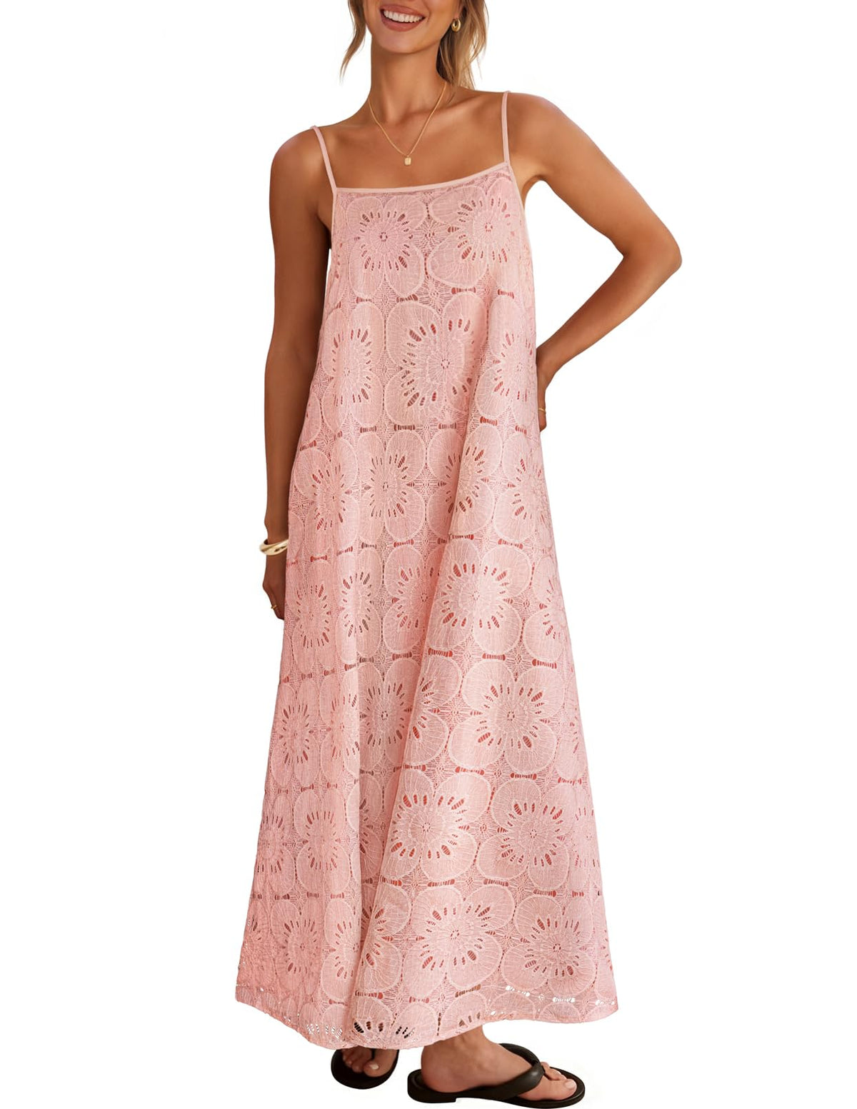 2026 Casual Sleeveless Floral Lace Eyelet Boho Beach Maxi Dress