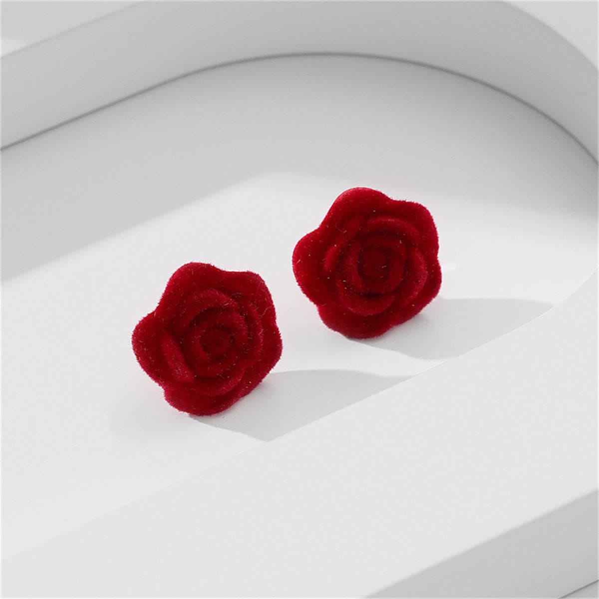 Dark Red Nylon & Silvertone Rose Stud Earrings