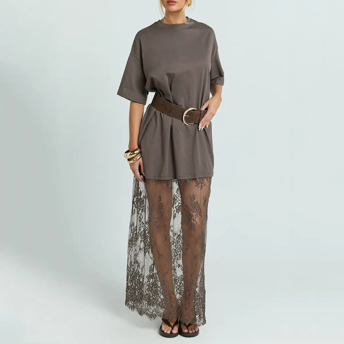 Women's Oversized T-Shirt Maxi Dress with Sheer Lace Hem Drop