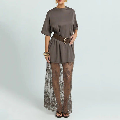 Women's Oversized T-Shirt Maxi Dress with Sheer Lace Hem Drop