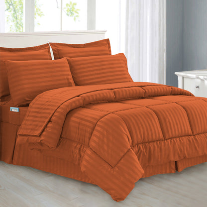 Elegant Comfort 8-Piece Dobby Stripe Comforter Set - Includes 4-Piece Sheet Set with Double Sided Storage Pockets