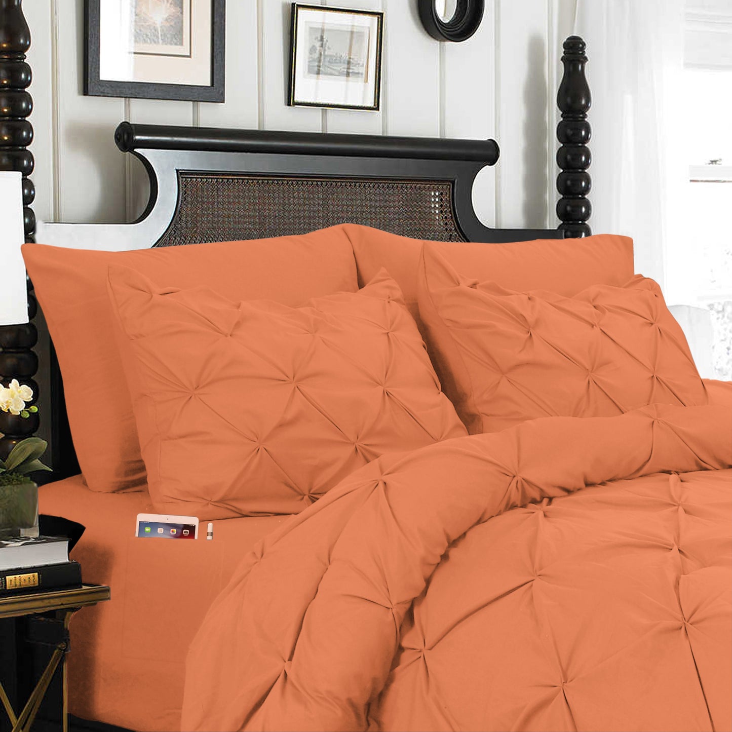 Elegant Comfort 8-Piece Pintuck Pinch Pleated Comforter Set - Includes 4-Piece Sheet Set with Double Sided Storage Pockets