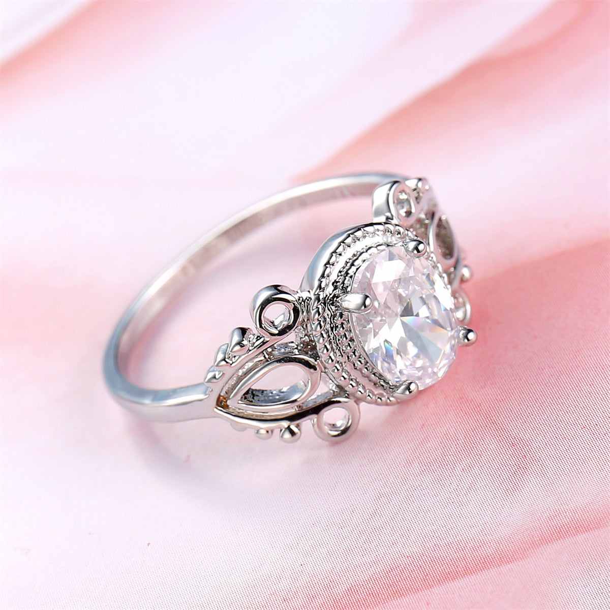 Crystal & Silvertone Openwork Milgrain Oval-Cut Ring