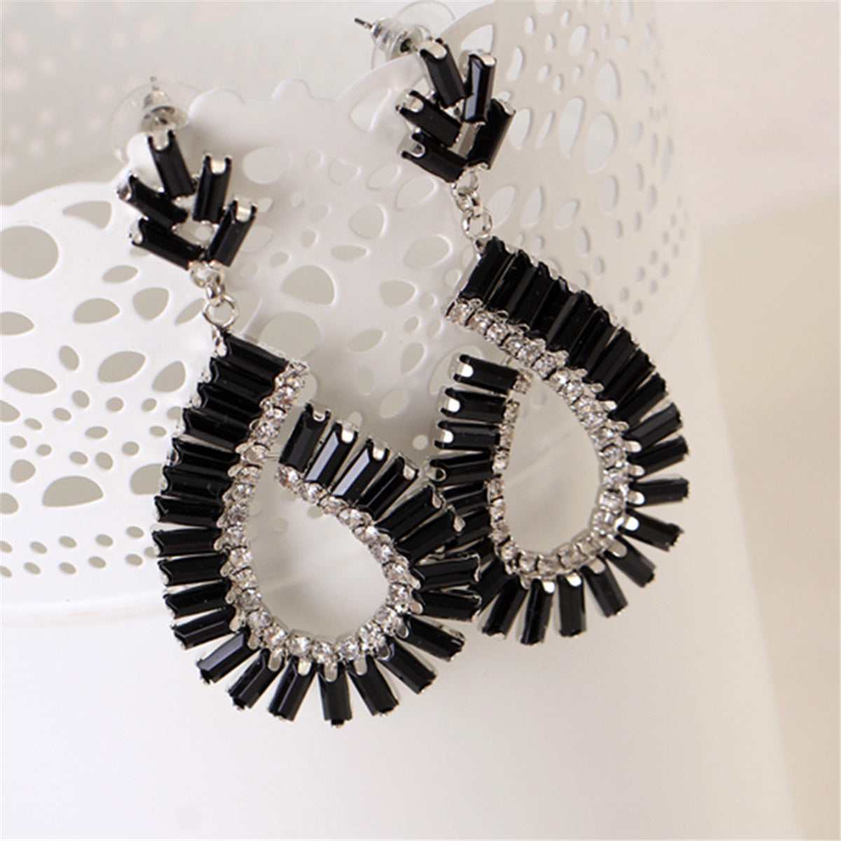 Black & Silvertone Baguette Open Teardrop Earrings