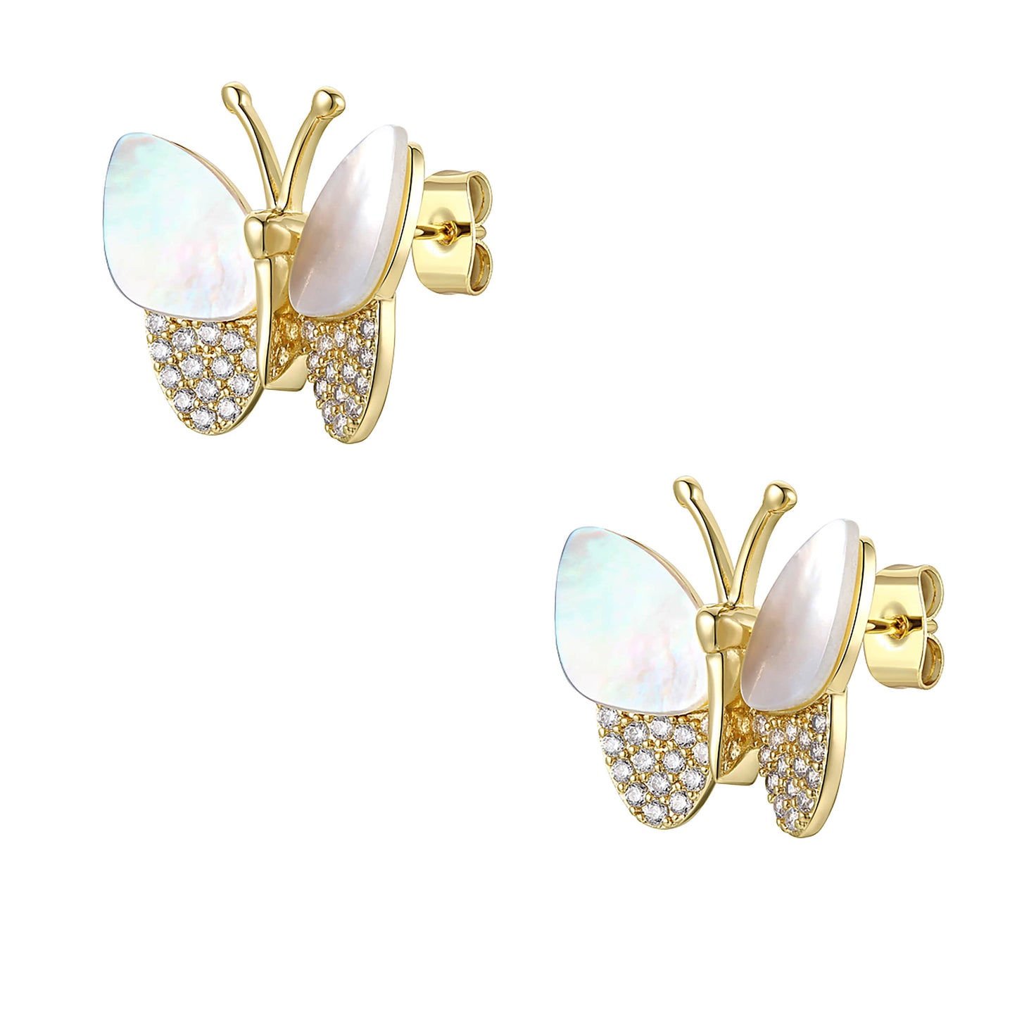 14k Gold Plated Mother of Pearl & Cubic Zirconia Butterfly Stud Earrings