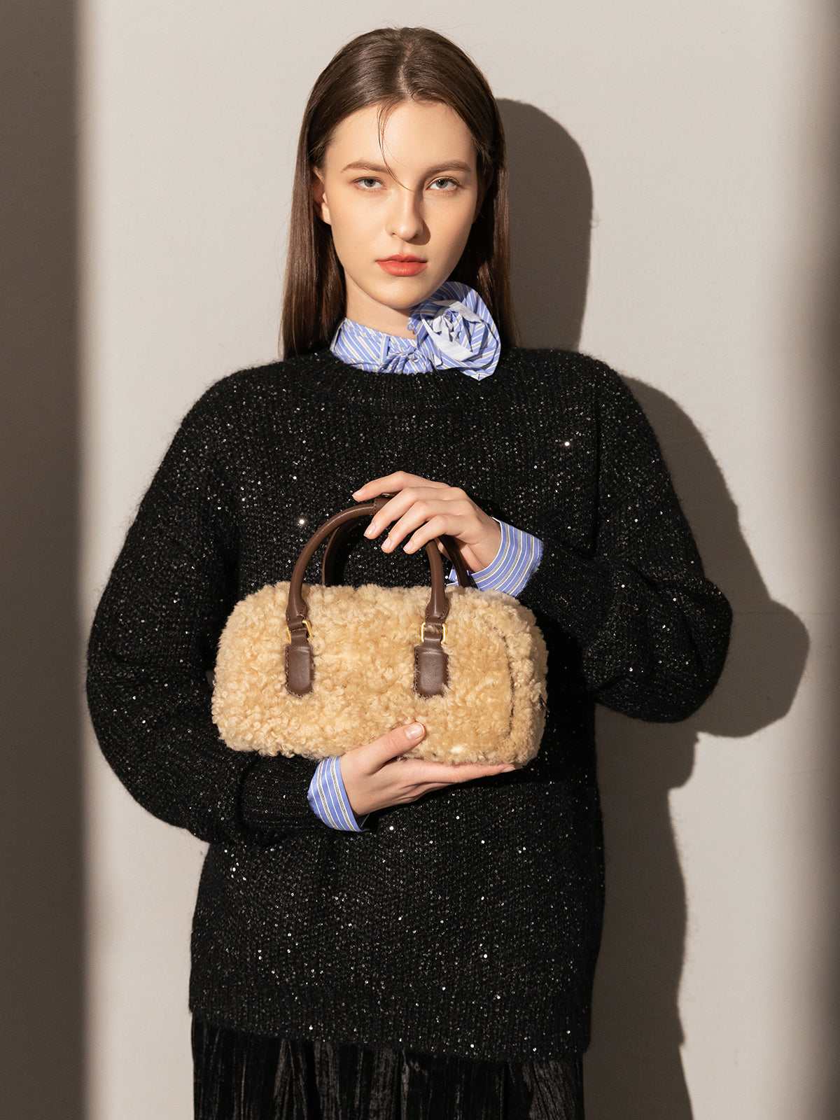Beige Sherpa Fur Trimmed Elongated Top Handle Bag