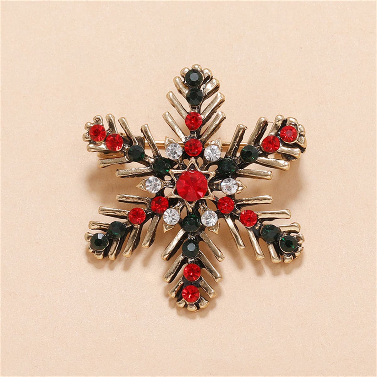 Black & Red Cubic Zirconia Goldtone Snowflake Brooch