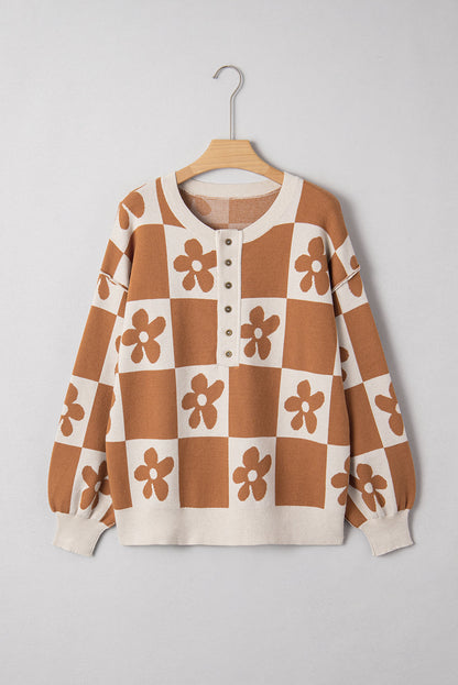 Flower Power Checkered Henley Sweater - Camel