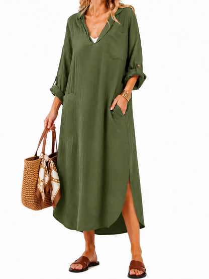 Womens Casual Loose Long Shirt Dress Side Split Dresses with Pockets