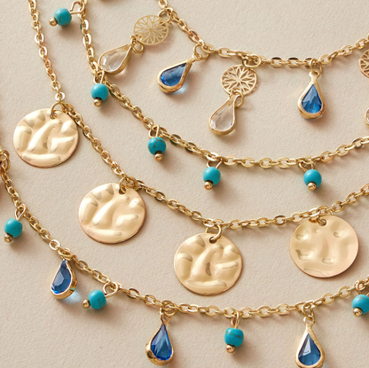 Goldtone Blue Teardrop Bead Layered Necklace