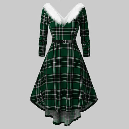 Christmas Women’s Fur Patchwork V-Neck Long-Sleeved Dress