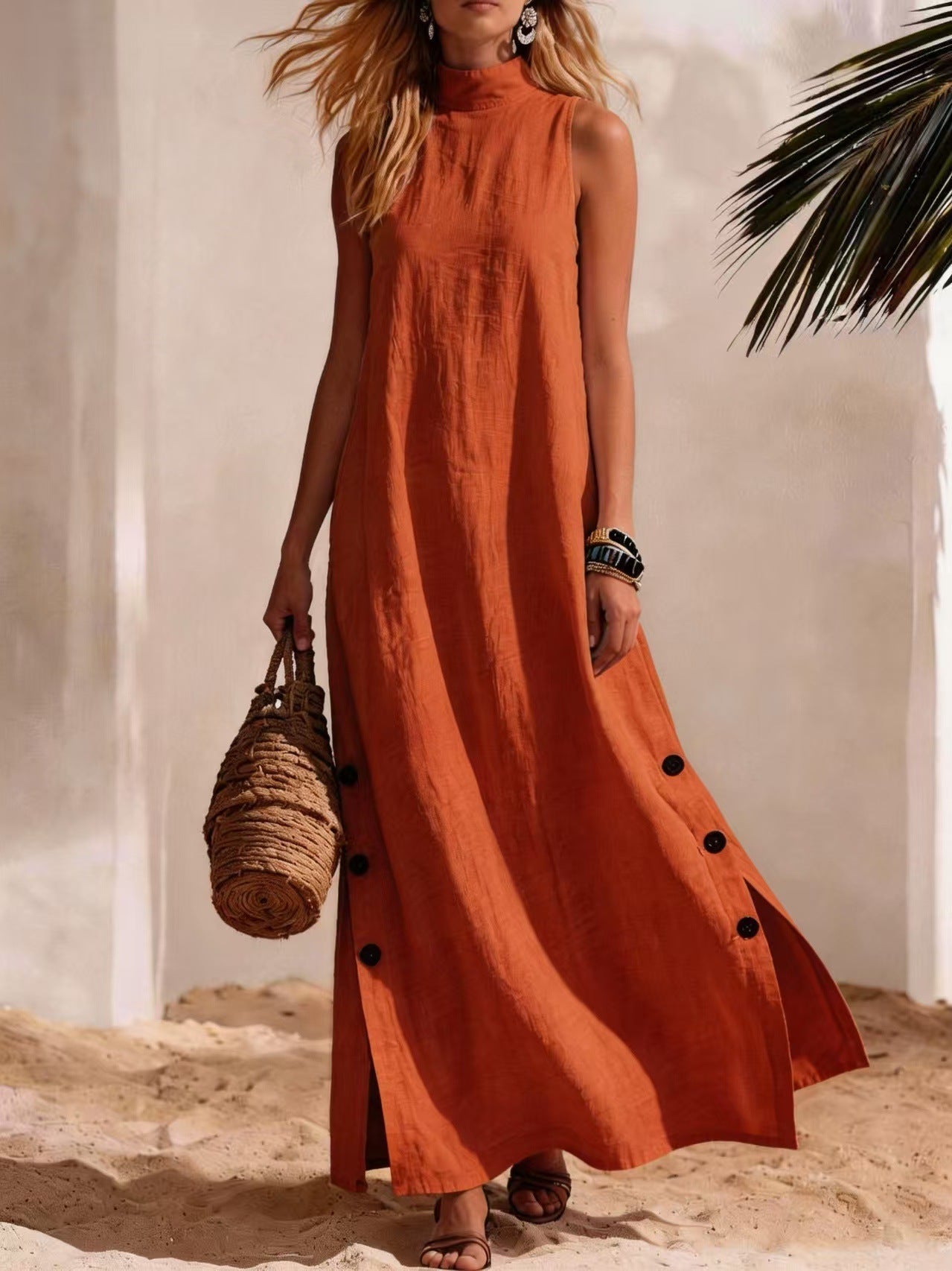 Cotton Linen Sleeveless Midi Dress – Side Slits & Loose Fit