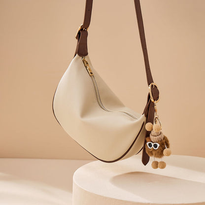 Crescent Leather Crossbody Shoulder Bag with Bear Charm