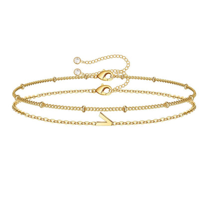 Dainty Initial Layered Chain Bracelet Personalized Adjustable
