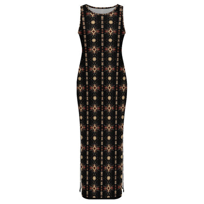 Baha Ranch Black and Tan Aztec Sleeveless Bodycon Side Slit Maxi Dress
