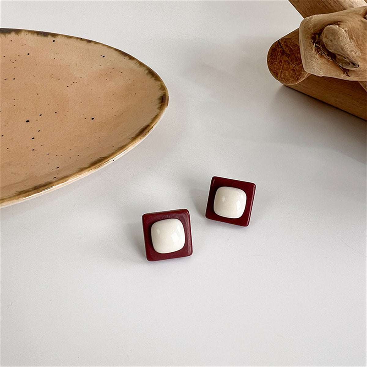 Beige Resin & Silvertone Square Stud Earrings