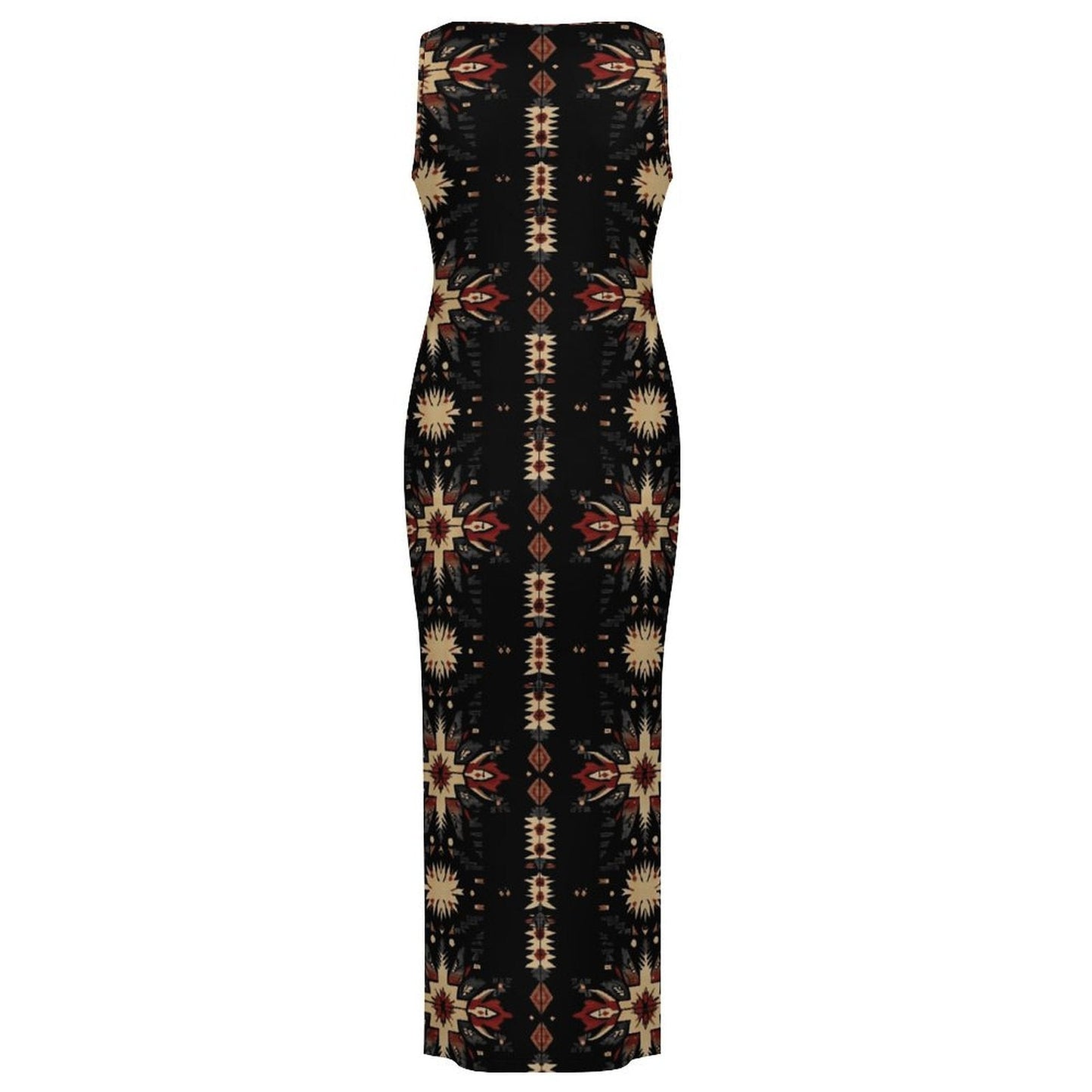 Baha Ranch Black and Tan Aztec Bodycon Side Slit Western Maxi Dress