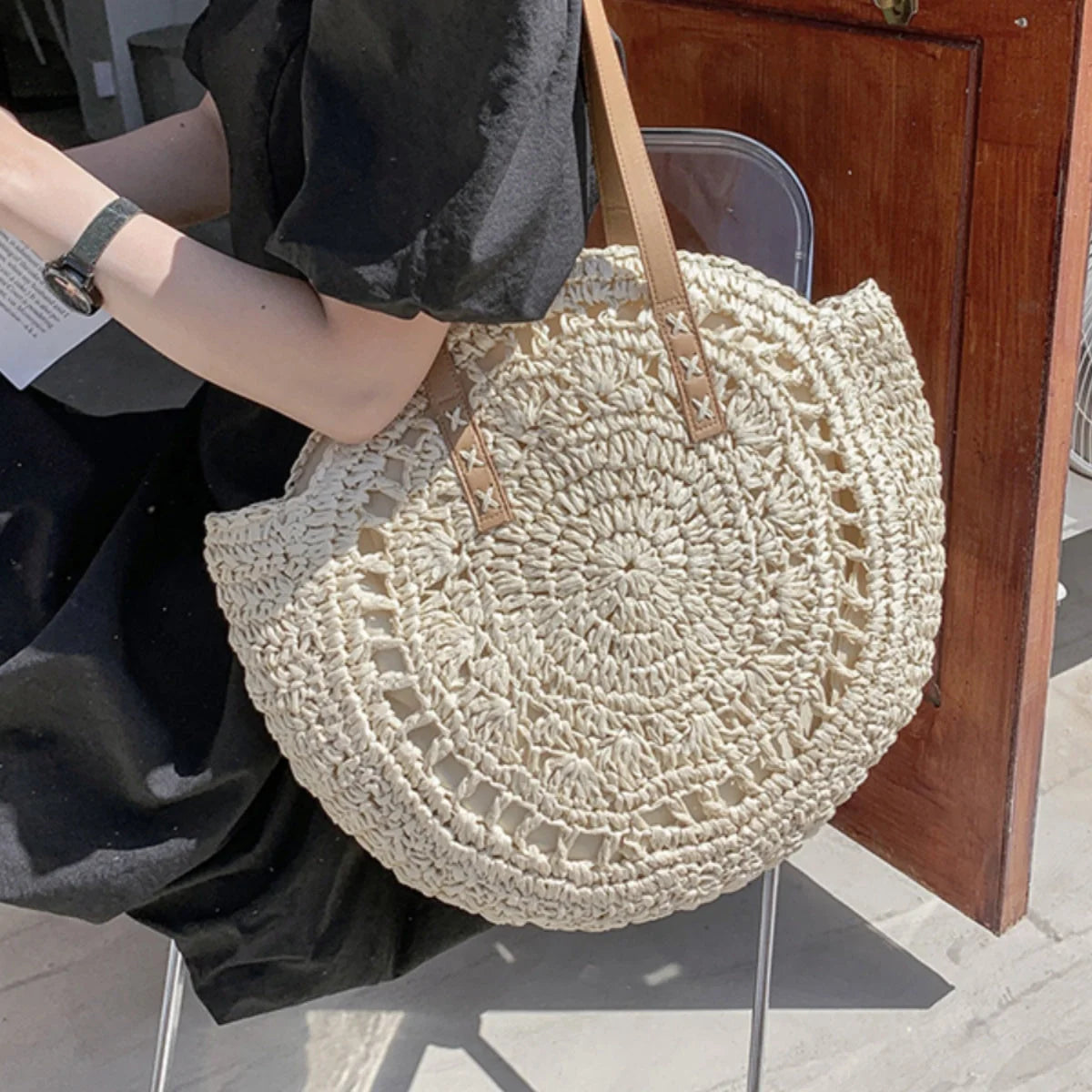 SSR Round Woven Tote Beach Bag - Beige