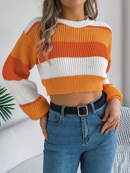 Women Casual Color Block Lantern Sleeve Cropped Pullover Sweater