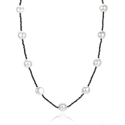 Freshwater Pearl and Black Spinel Beaded Station Necklace