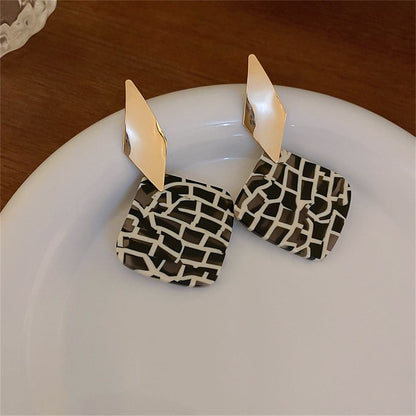 Black Acrylic & Goldtone Geometric Rhombus Drop Earrings