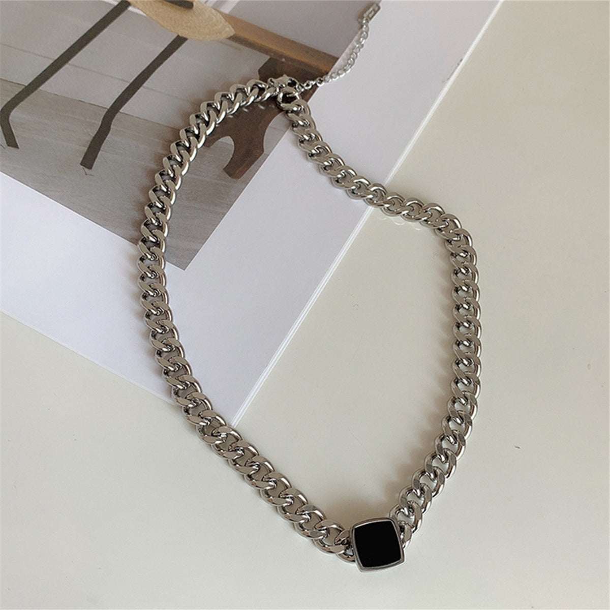Black & Stainless Steel Square Pendant Necklace