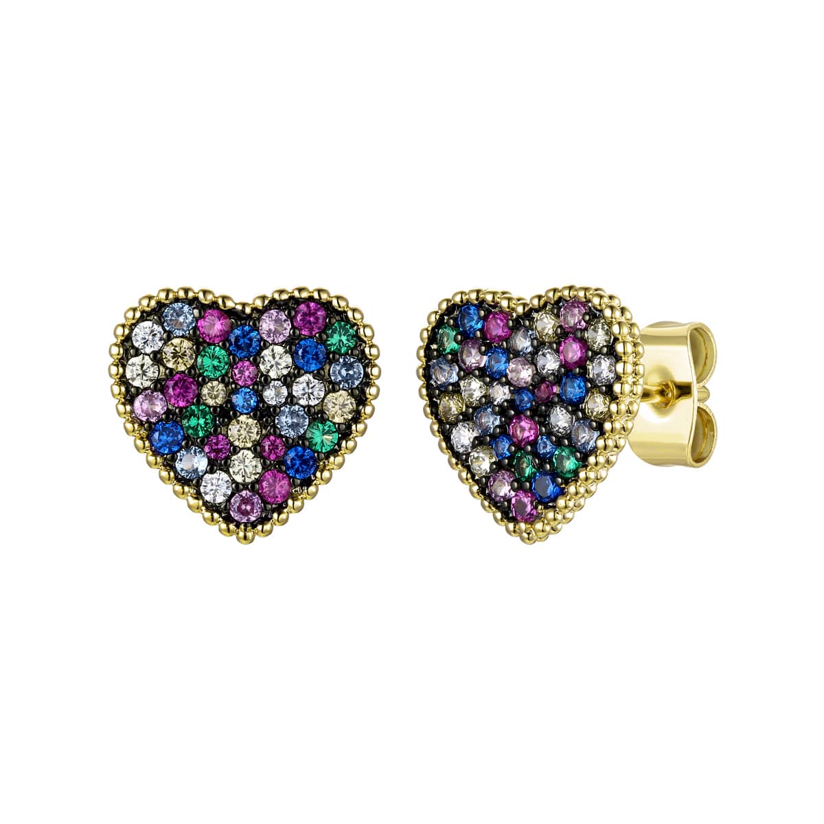 14k Gold Plated with Multi-Colored Gemstone Cubic Zirconia Pave Heart Stud Earrings