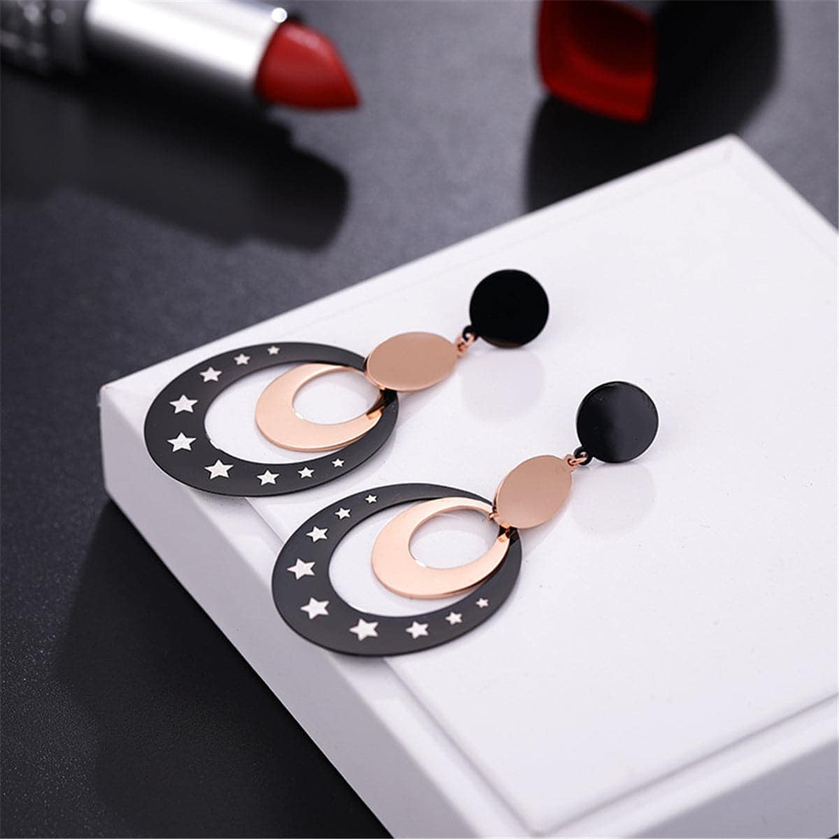 Black & Rose Goldtone Star Circle Drop Earrings