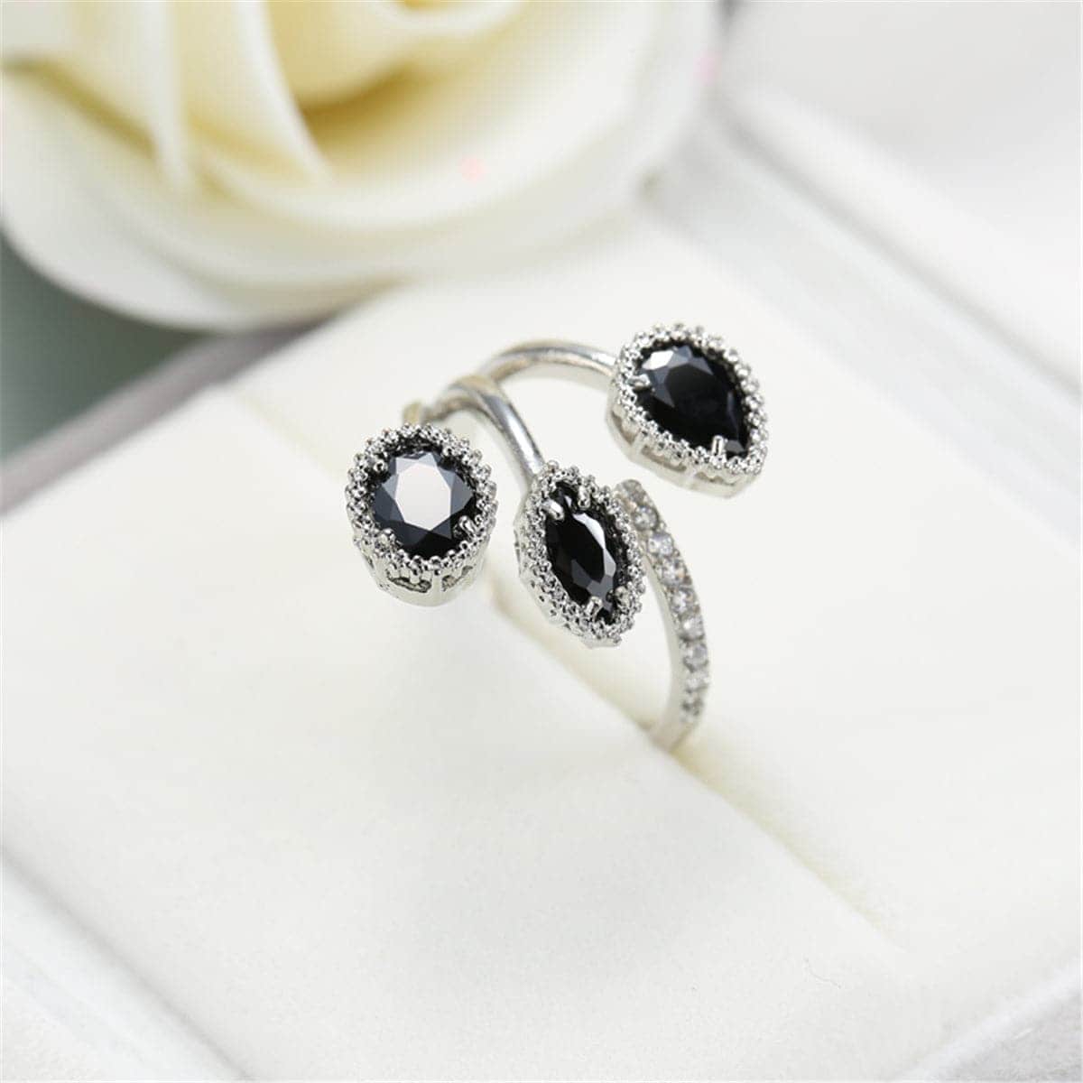 Black Crystal & Silvertone Rattan Ring
