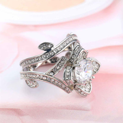 Crystal & Cubic Zirconia Silvertone Flower Ring Set