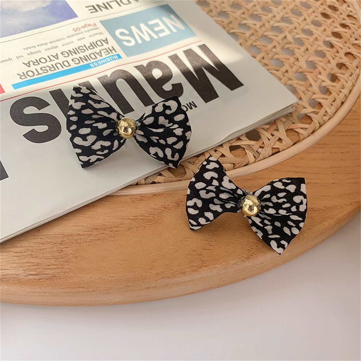 Black & Goldtone Leopard Bow Stud Earrings
