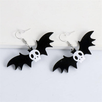 Black Acrylic & Silvertone Bat Drop Earrings