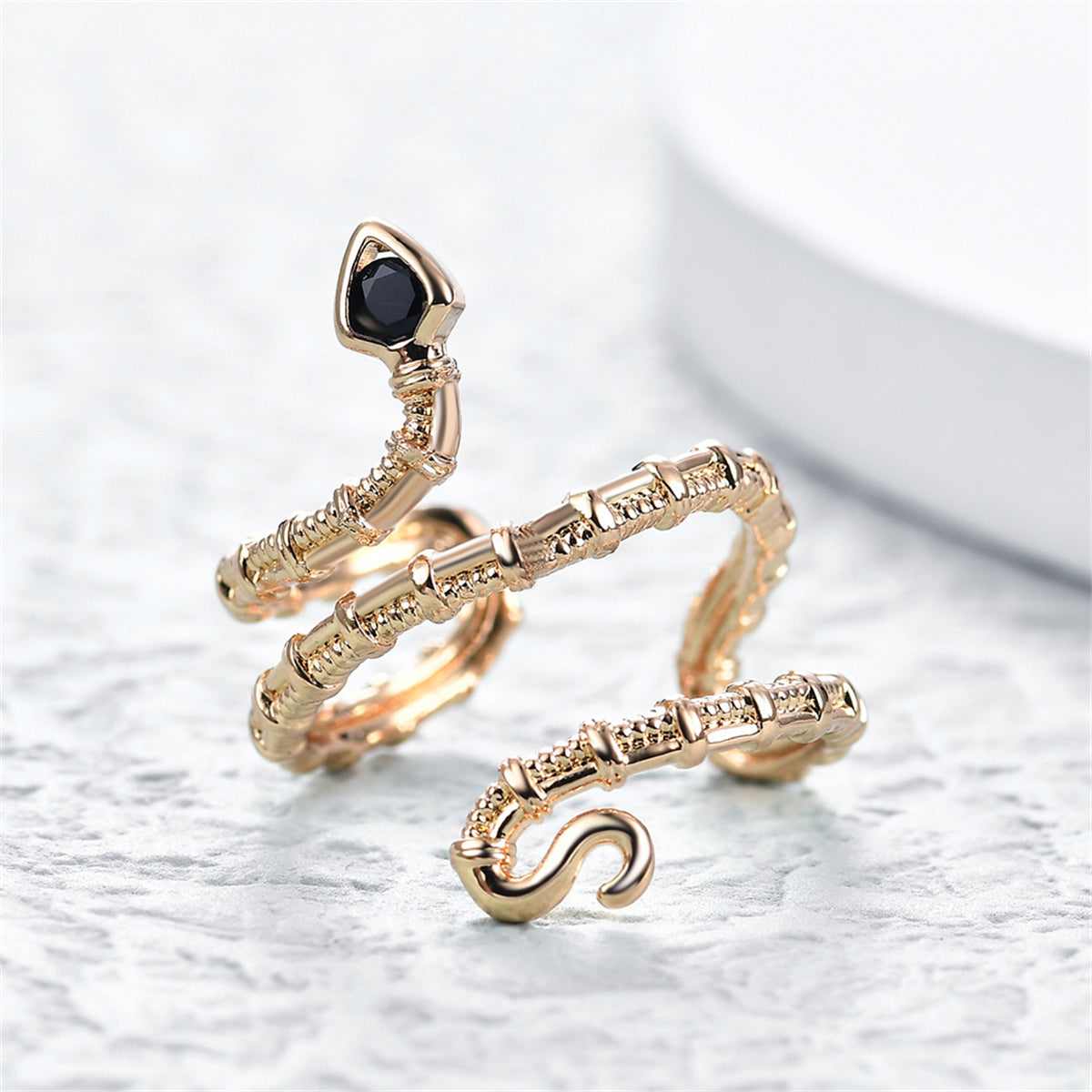 Black Cubic Zirconia & Goldtone Snake Layered Open Ring
