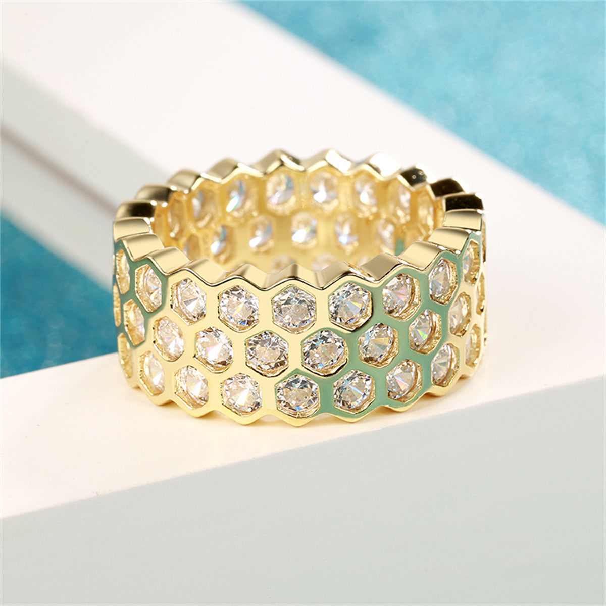 Cubic Zirconia & Goldtone Honeycomb Band Ring