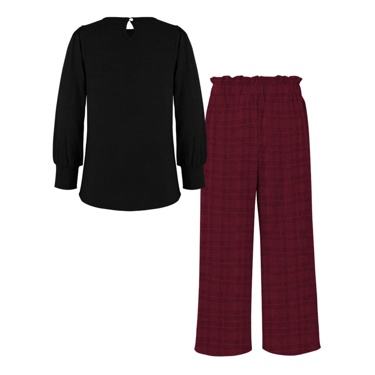 Black Bishop-Sleeve Top & Burgundy Plaid Wide-Leg Pants