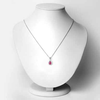 Genuine Pink Ruby and Lab Diamond Silver Halo Necklace