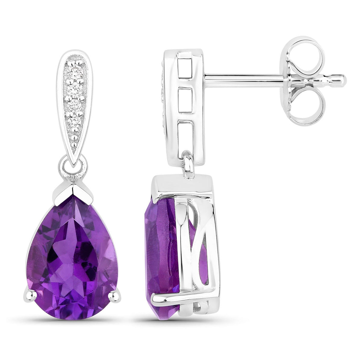Genuine Amethyst and Lab Grown Diamond Silver Dangle Earrings