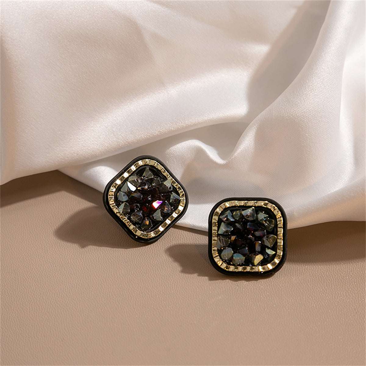 Black & Goldtone Cluster Square Stud Earrings