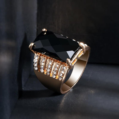 Black Crystal & Cubic Zirconia Goldtone Rectangle Prong Ring