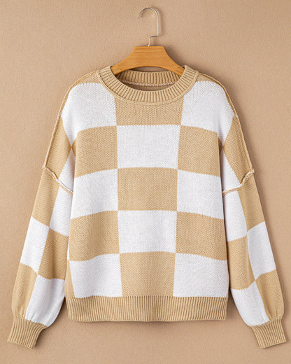 Checkered Crew Neck Sweater - Khaki