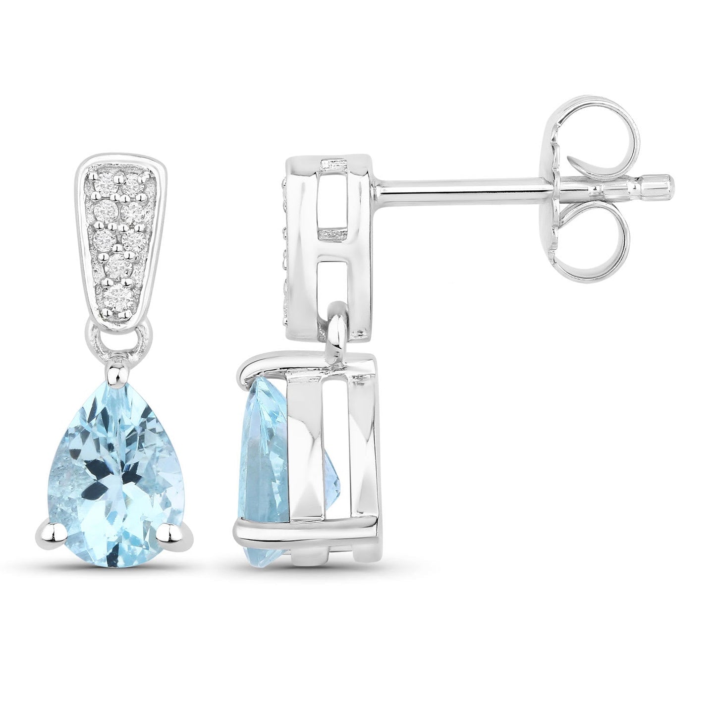 Genuine Silver and Aquamarine Lab Diamond Dangle Earrings
