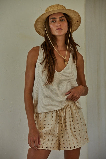 By Together Cotton V-Neck Sleeveless Knit Tank Top - Cream