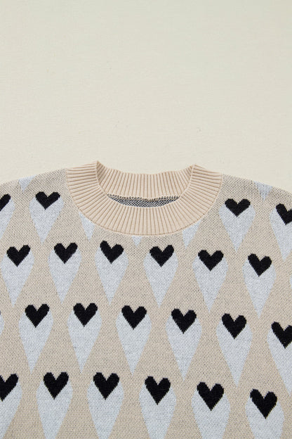 Brynlee Geometric Heart Print Ribbed Trim Loose Sweater