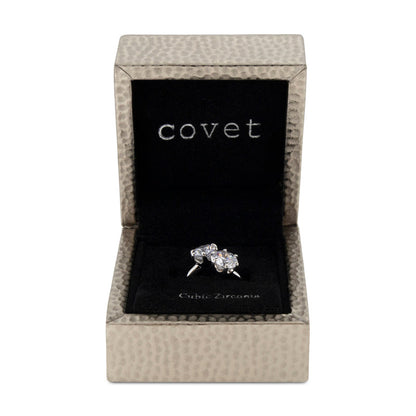 Covet Rhodium Plated Cubic Zirconia 2 Stone Split Silver Ring - Size K